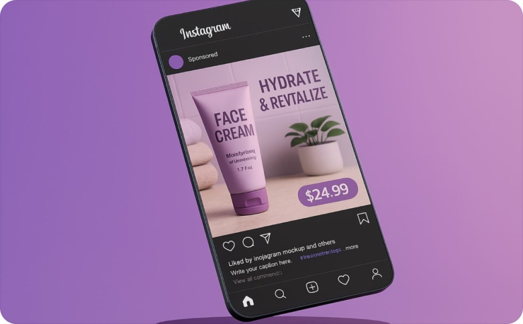 Instagram post of the face cream in the phone on purple background
