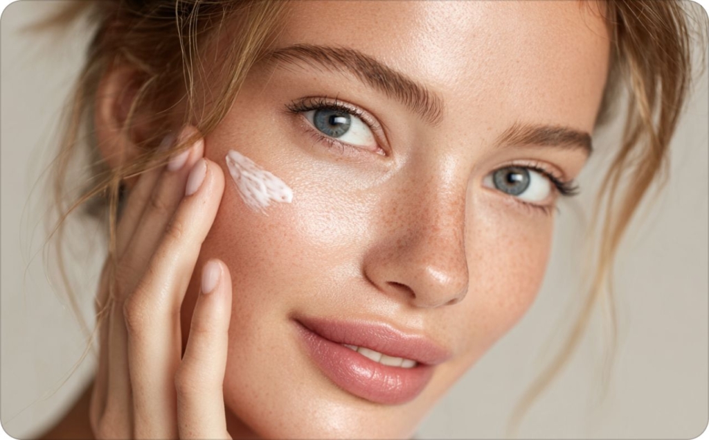 The blonde girl putting cream on her face