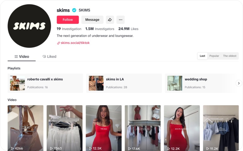 Skims Tiktok page
