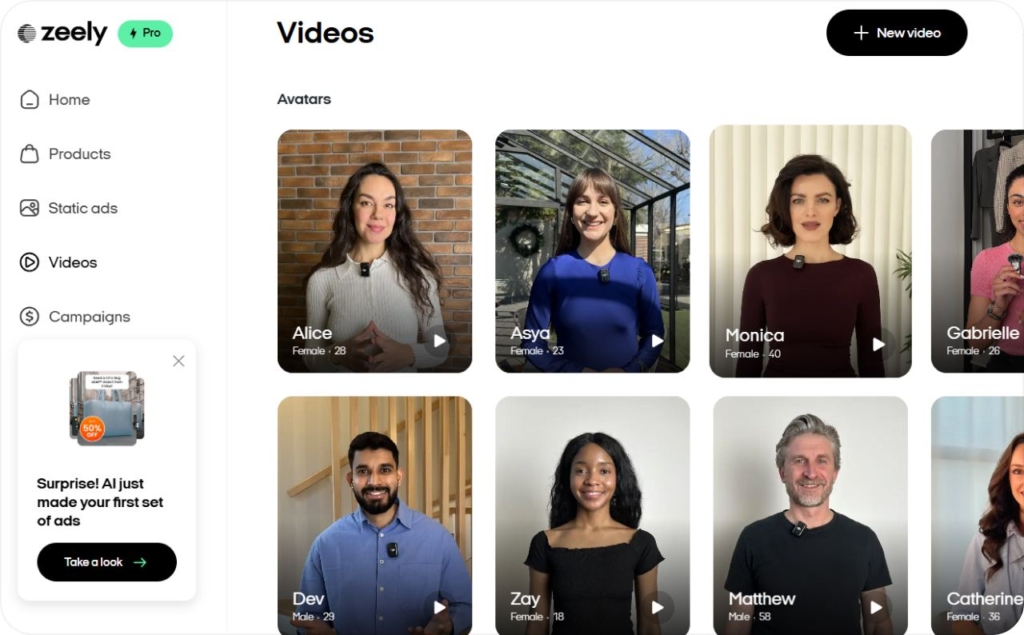 Screenshot of Zeely AI when choosing AI avatar