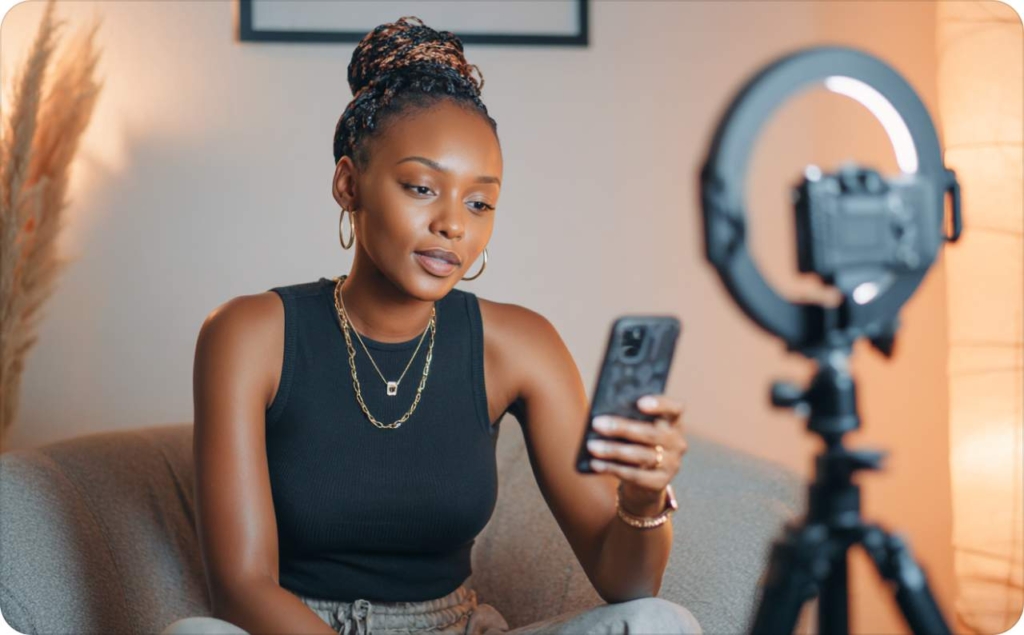 Woman sitting on the coach in front of standing ring light