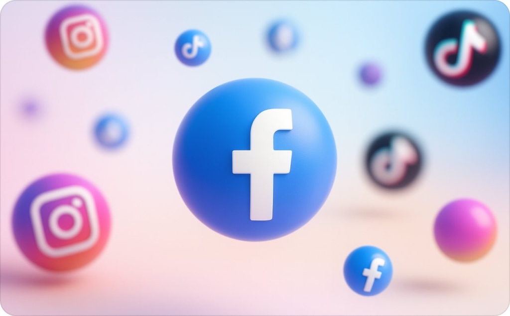 Flying bubbles of Facebook, Instagram, TikTok logos