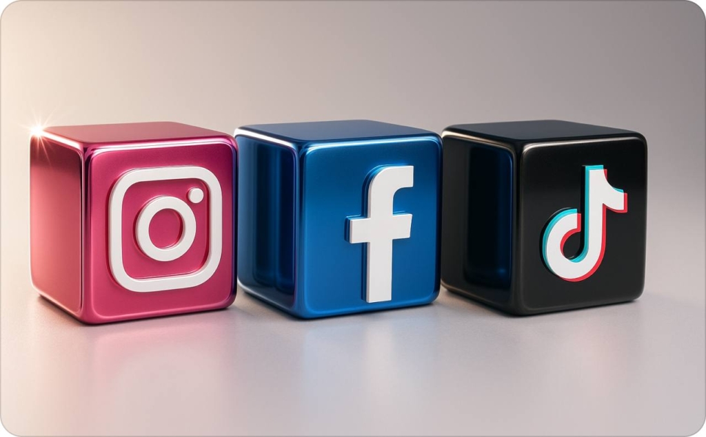 Instagram, Facebook and TikTok logos cubes