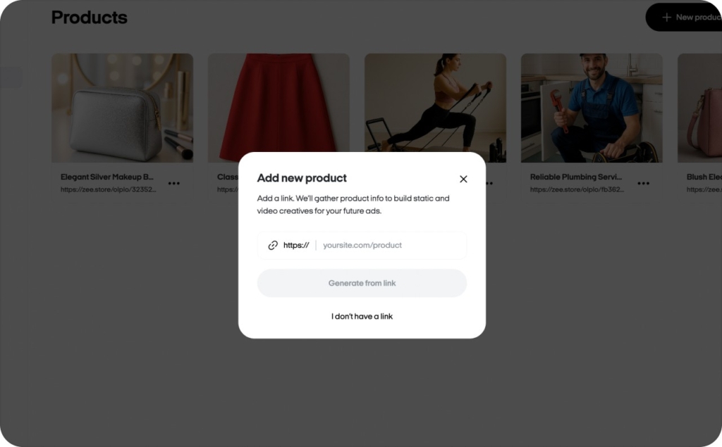Zeely AI studio adding product URL