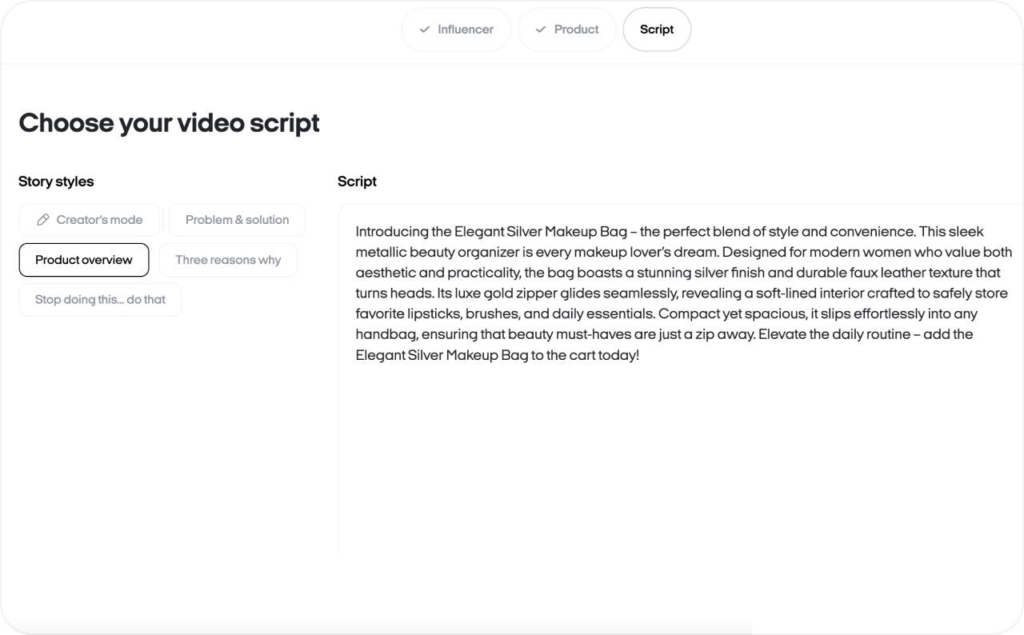 Zeely AI studio choosing script