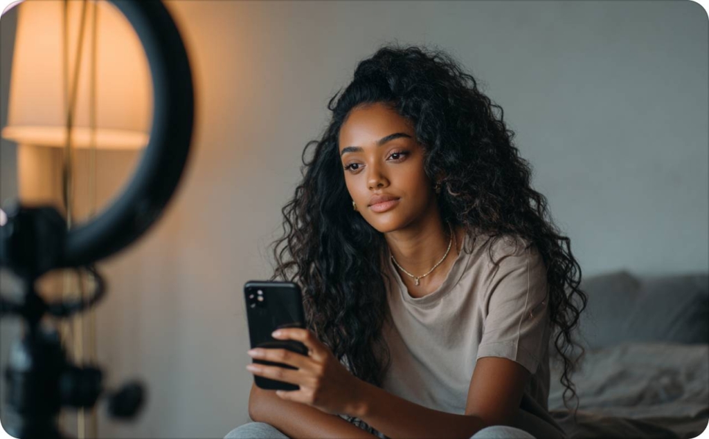 The woman sitting on the coach with a phone in her hand