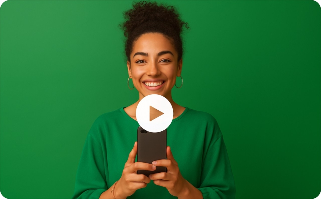 girl with dark hair in green t-shirt on green background, with phone in her hands