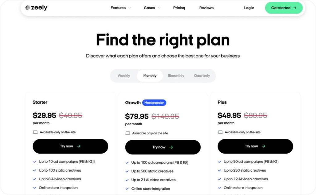 Zeely AI monthly pricing