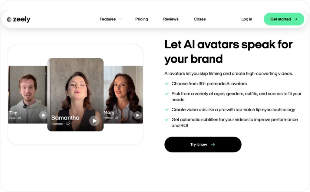 Screenshot of landing page Zeely AI avatars