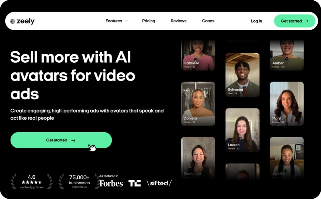 Screenshot of landing page Zeely AI avatars