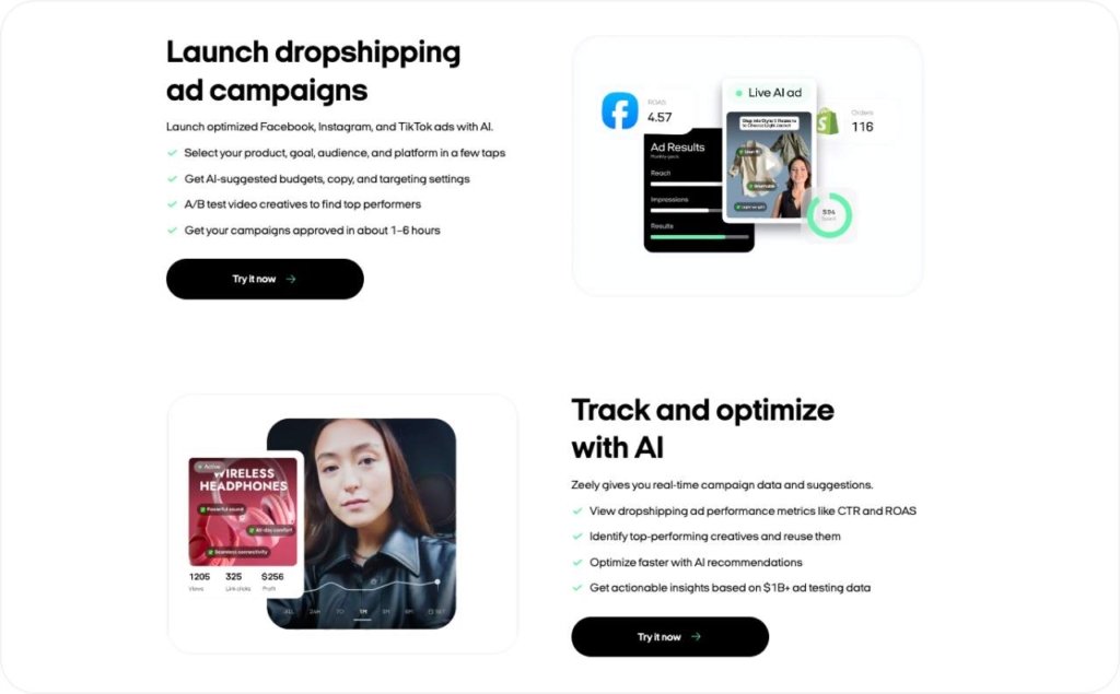 Zeely dropshipping ads maker page