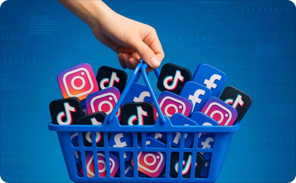 A basket of social media logos