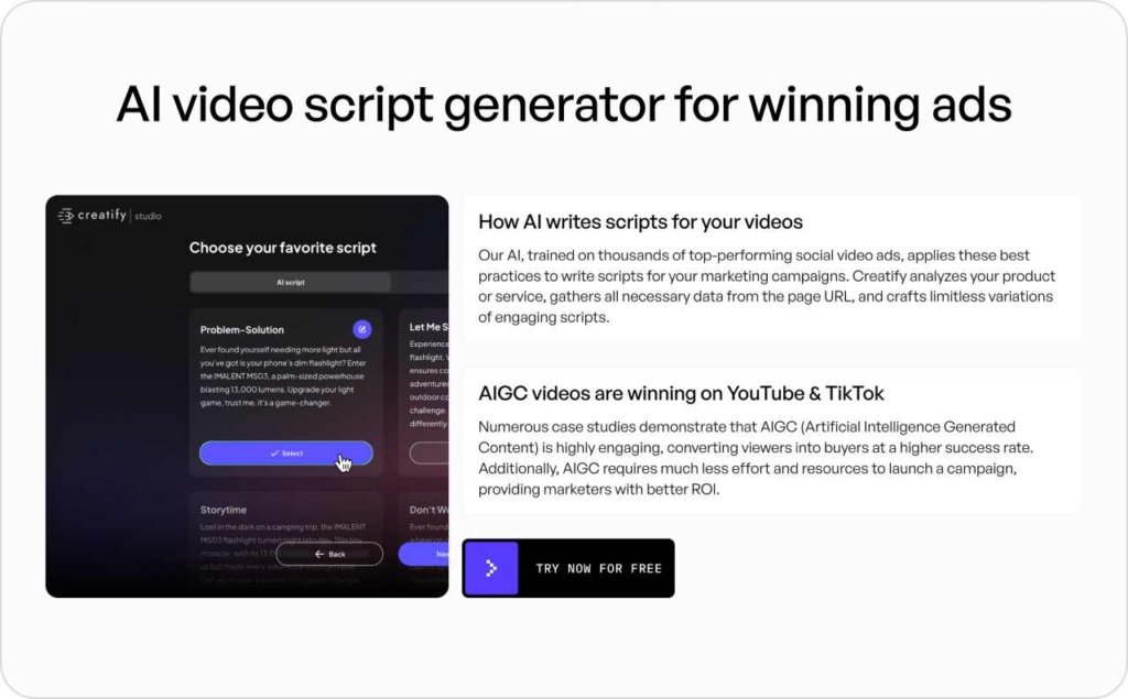 Ceatify AI Video Script Generator page