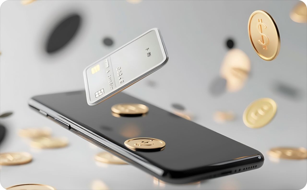 Phone with a falling card and coins on gray background
