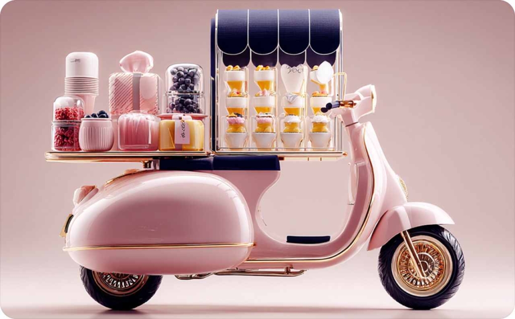 Pink scooter with food on pink background