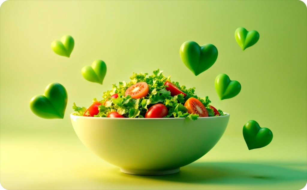 A green bowl of salad and tomatoes on the green background
