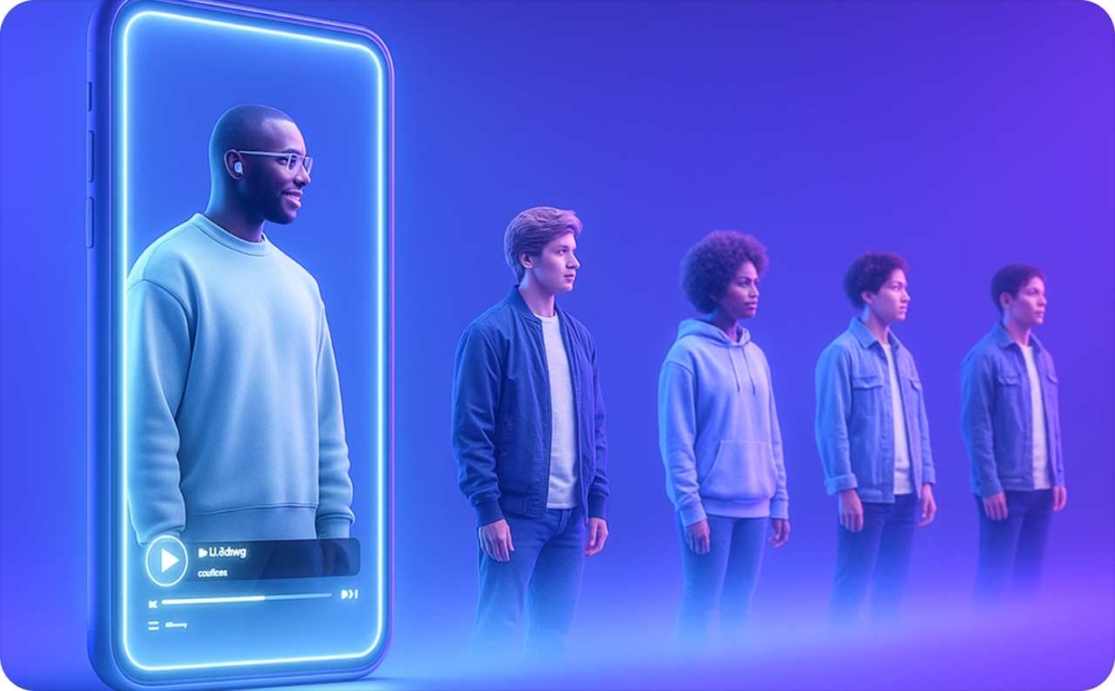 Digital people on purple background