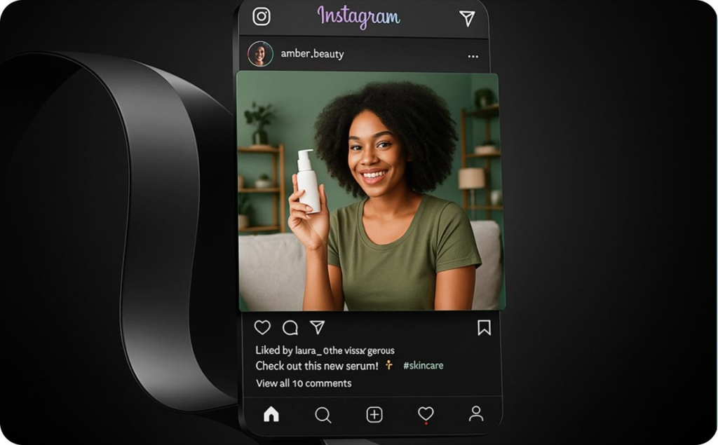 Instagram ad with a woman showing a beauty serum