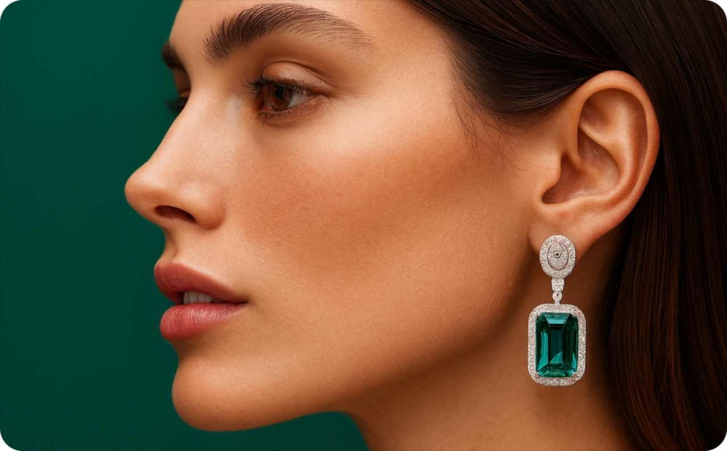 A woman in the diamond earring on green background