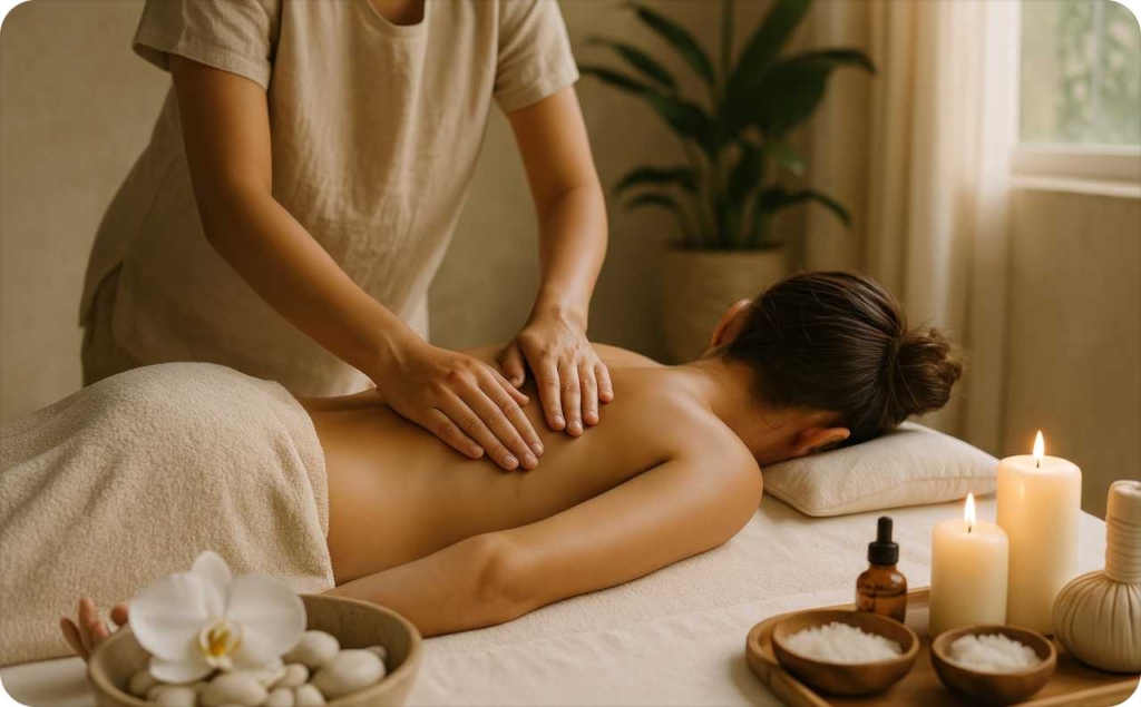 A woman giving a massage to a client