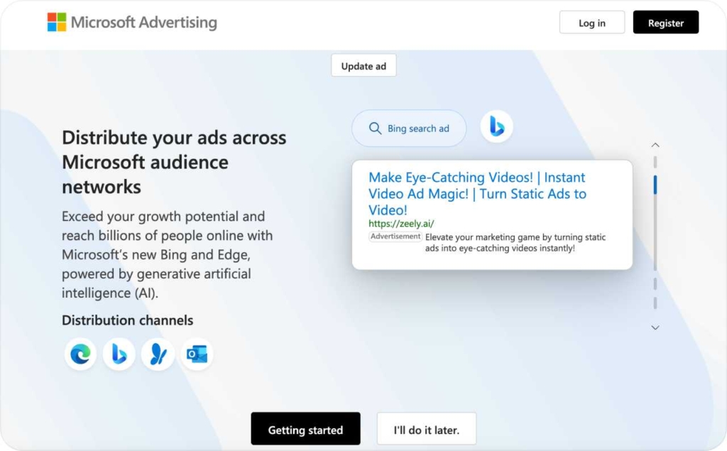 Microsoft advertising page