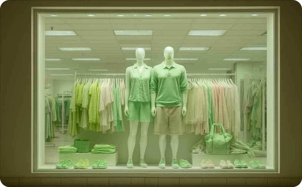 Storefront with two mannequins and green clothes