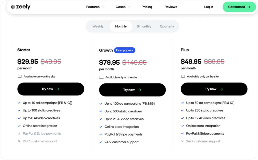 Zeely AI pricing page
