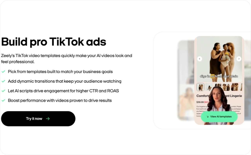 Zeely AI TikTok ads creator landing page