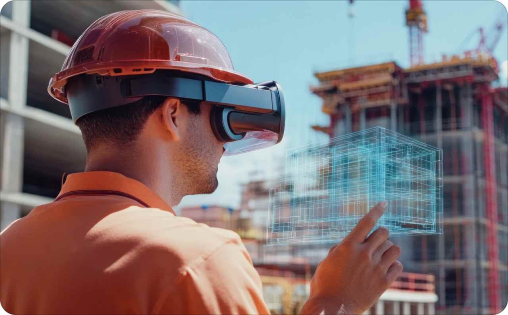 Man modeling building with VR glasses