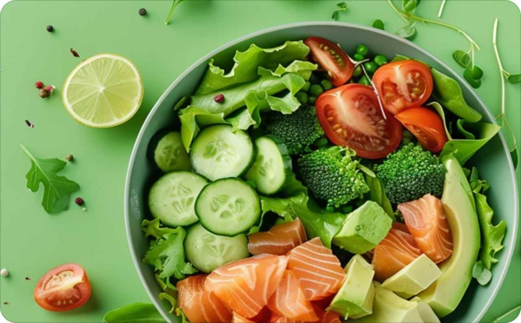 The healthy salad bowl on green background