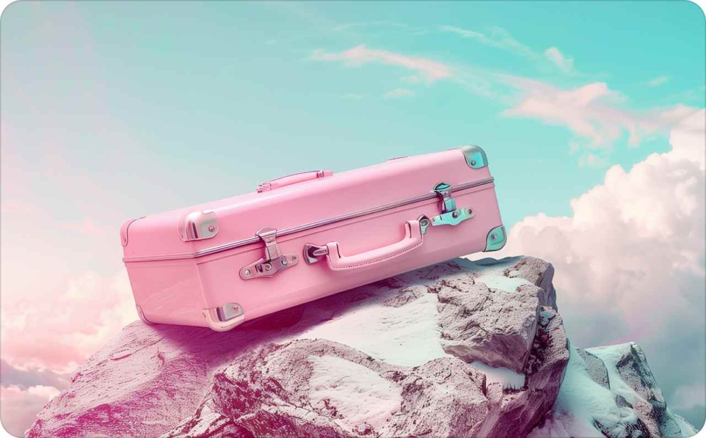 The pink suitcase on top of the mountain in snow