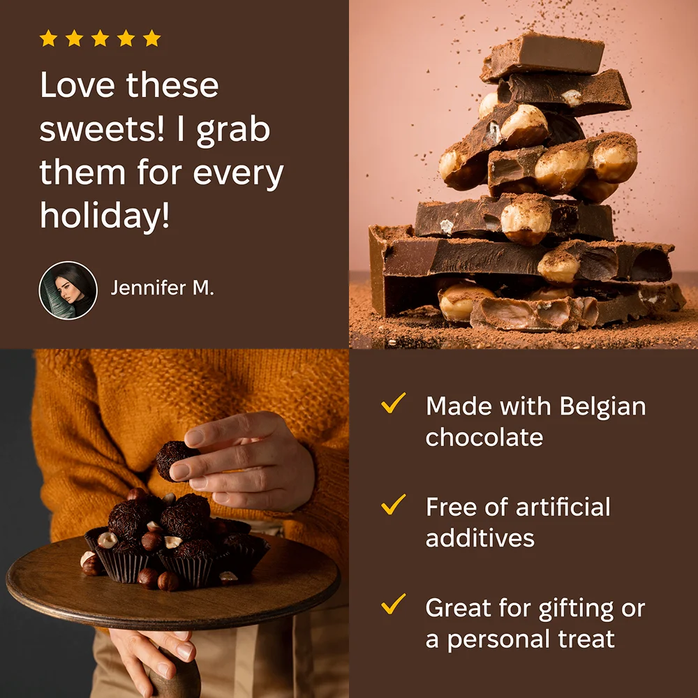 Chocolate testimonial ad from Jennifer M with Belgian chocolate features