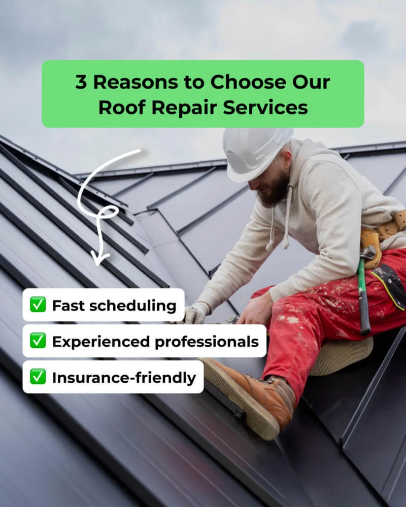 Roof repair services ad: '3 Reasons to Choose' with worker on roof
