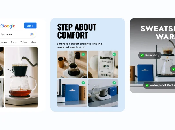 Multiple ad format examples: Google search results, product features, and promotional banners