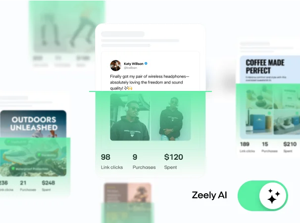 Campaign performance comparison showing wireless headphones: 98 clicks, 9 purchases, $120 spent