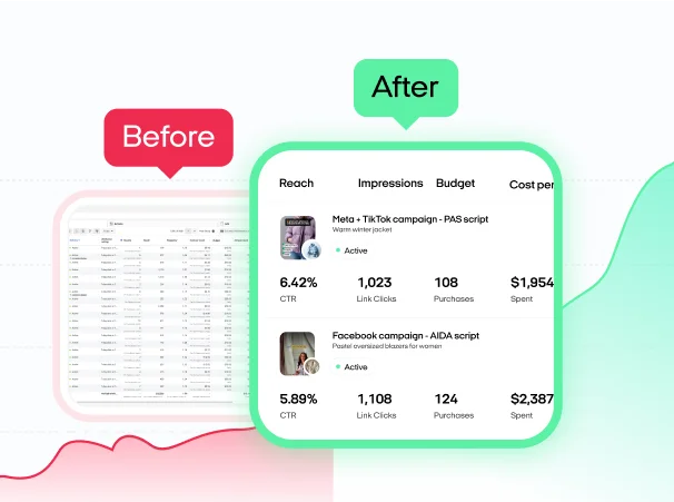 Before/after campaign dashboard: TikTok 6.42% CTR, Facebook 5.89% CTR with detailed metrics