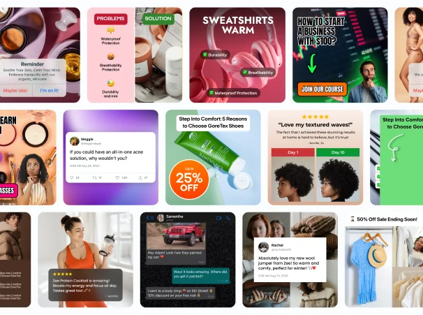 Ad template library showing 100+ designs with versatile categories