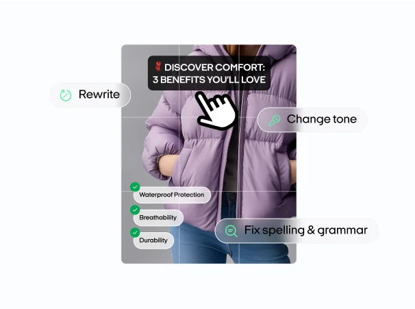 AI ad editor interface with 'Rewrite', 'Change tone', 'Fix spelling hightlight/h3.webp