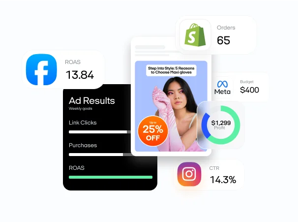 Multi-platform campaign dashboard: Facebook 13.84 ROAS, Meta $400 budget, Instagram 14.3% CTR