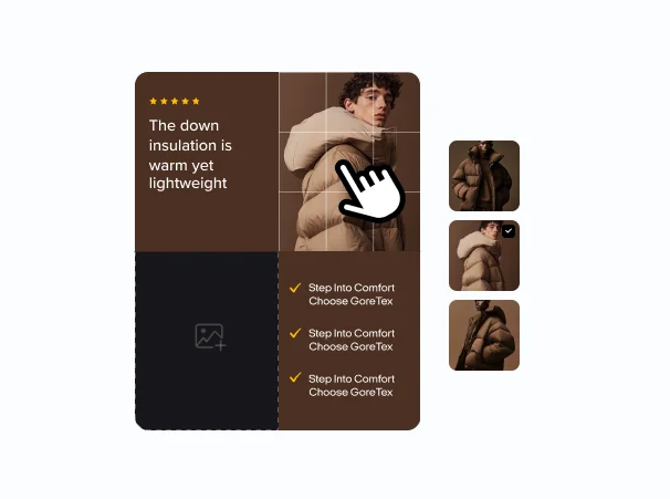 Ad builder interface showing puffer jacket template with drag-and-drop elements