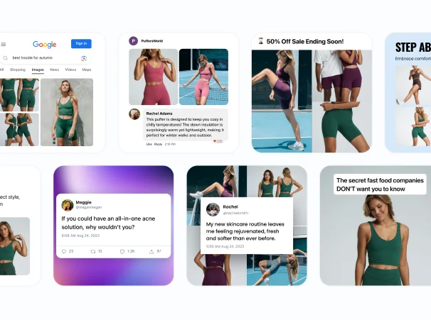 Grid of multiple ad variations: Google search, testimonials, fitness ads for A/B testing