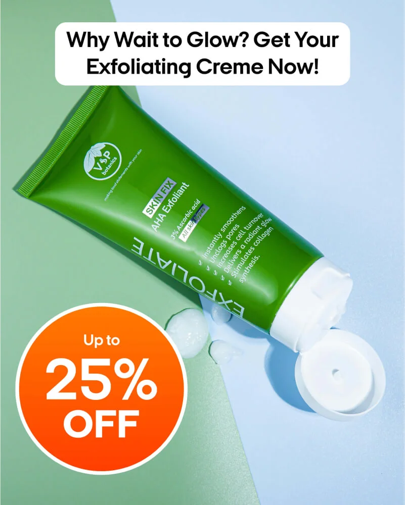 Exfoliating cream ad: 'Why Wait to Glow?' with 25% off discount badge