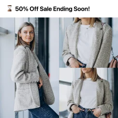 Fashion blazer ad: '50% Off Sale Ending Soon' showing product styling