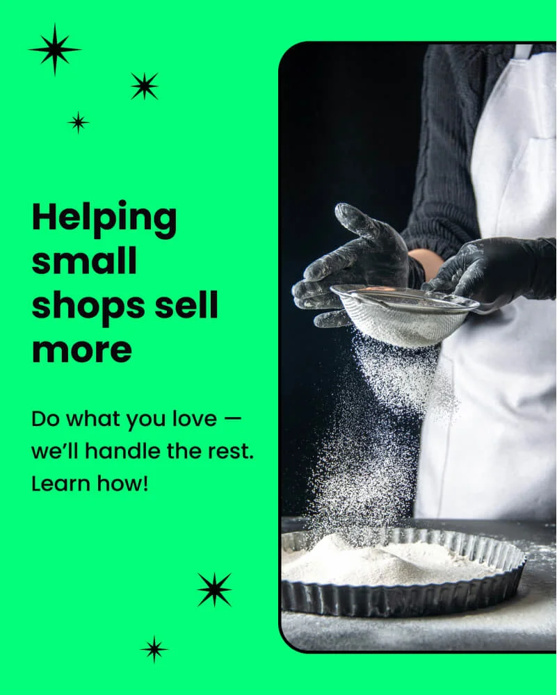 Small business baking ad: 'Helping small shops sell more' with product photography