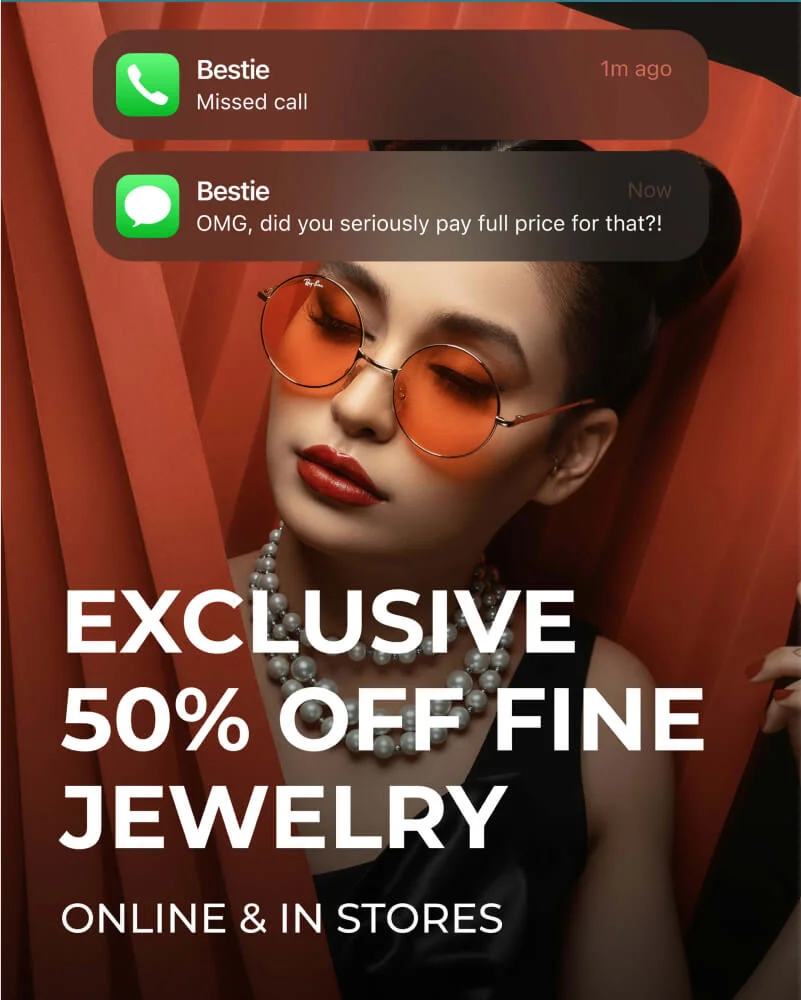 iPhone notification ad: 'Exclusive 50% off fine jewelry' with text messages