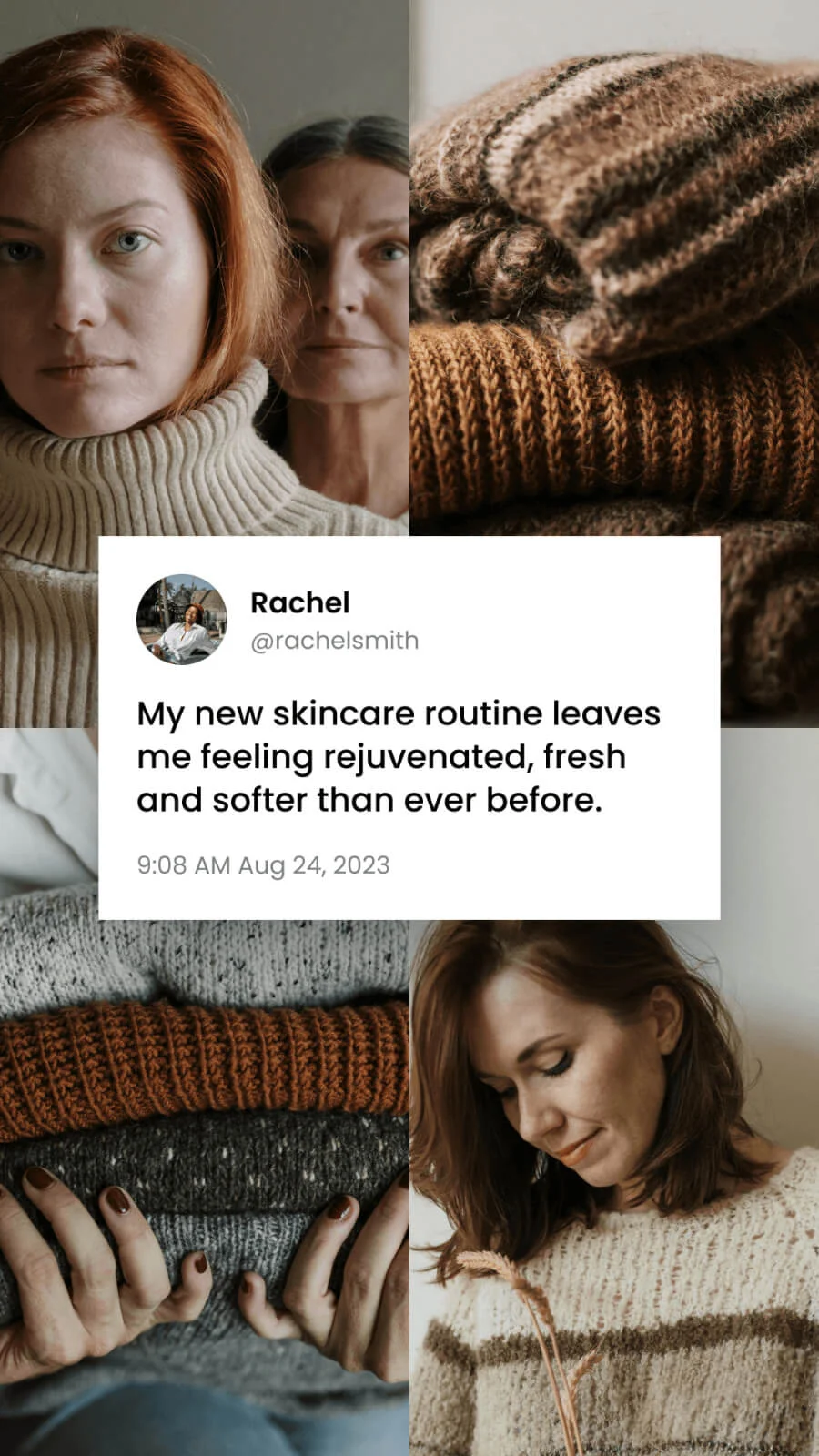 Knitwear fashion ad with Twitter testimonial from Rachel about skincare routine