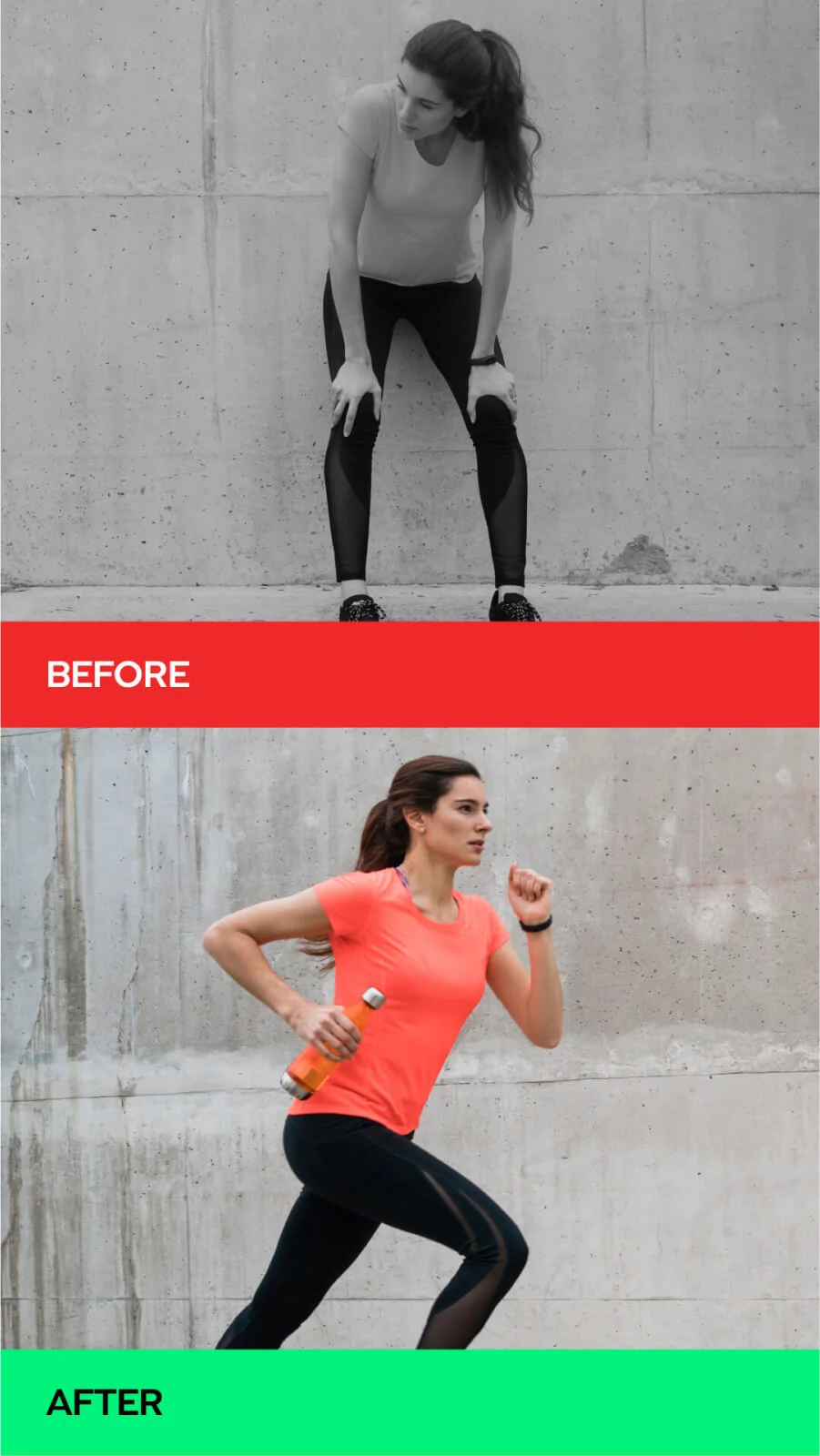 Fitness before/after comparison showing woman in workout attire