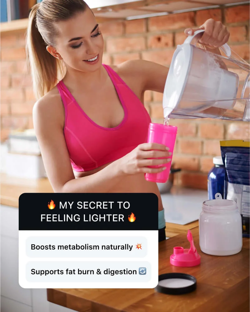 Fitness supplement ad: 'My secret to feeling lighter' with metabolism benefits