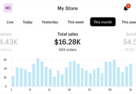 Store analytics dashboard showing $16.28K in monthly sales with 543 orders
