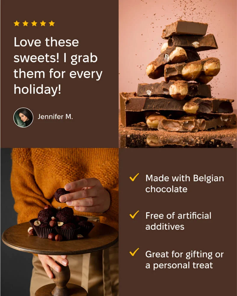 Chocolate product ad with testimonial, features Belgian chocolate and gift benefits
